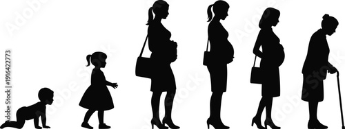 Woman life cycle silhouette showing childhood pregnancy working motherhood aging senior stages growth evolution isolated on white background illustration