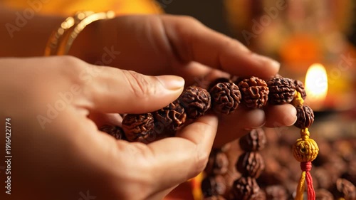 Close Up Of Hands Holding Rudraksha Beads With A Candle Flame In The Background