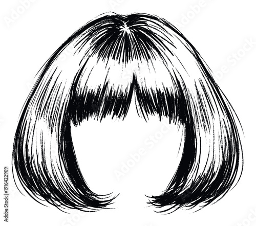 Stylized black bob haircut wig with bangs featuring rough ink brush strokes perfect for creating distinctive fashion, beauty, or graphic design elements.