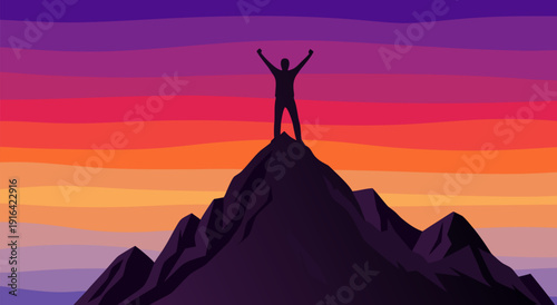 Silhouette of a person with arms raised in triumph on a mountain peak at sunset, a vibrant vector illustration
