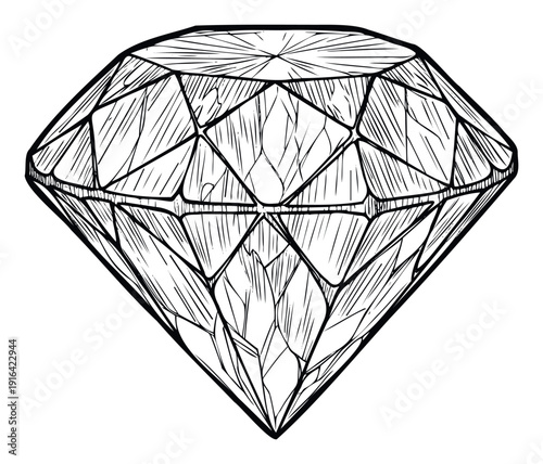 A clear black and white line drawing of a brilliant cut diamond with many facets, ideal for jewelry related marketing, luxury brand advertisements, or educational material applications.