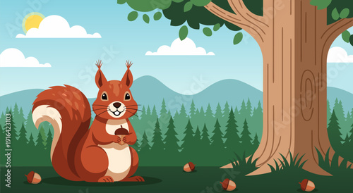 Charming vector illustration of a cute squirrel holding a nut in a serene forest setting with mountains in the background