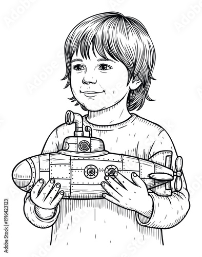 A cheerful young boy holding a miniature submarine with a periscope and propeller, perfect for use in childrens education, maritime themes, or playroom decor.