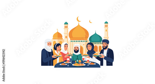 Vibrant illustration of a family gathering for iftar meal in front of a mosque, capturing the spirit of Ramadan with warm colors and serene atmosphere.