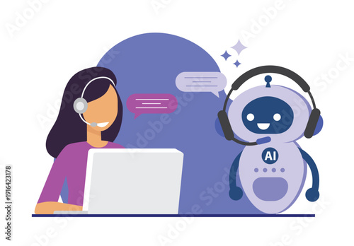 AI robot and human agent collaborating on customer support.