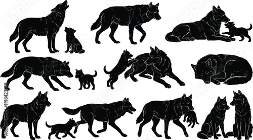 Collection of Wolf Silhouettes in Various Poses.