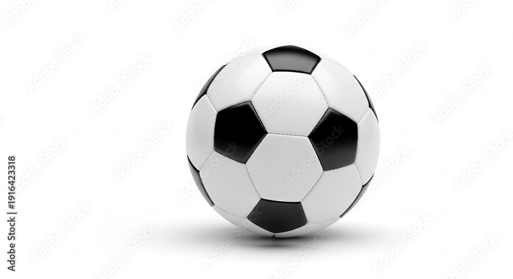 Fototapeta premium Classic black and white soccer ball with traditional pentagonal and hexagonal panels, casting a subtle shadow on a clean white background, isolated for easy use.