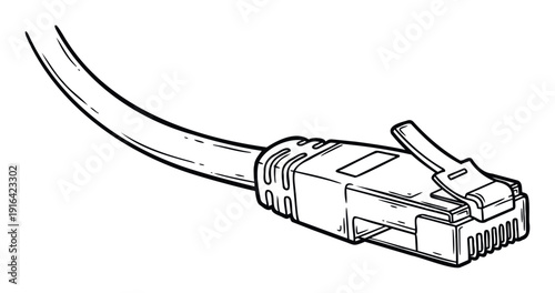 Outlined drawing of an ethernet cable with an RJ45 connector, ideal for digital communication themes, network technology visuals, and computer connectivity concepts in presentations or