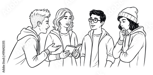 Young people in hoodies engaged in a lively discussion with one holding a book and another pondering, ideal for educational resources and youth communication themes.