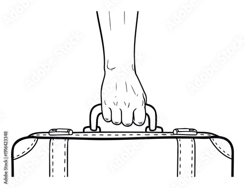 Black and white graphic drawing depicting a human hand firmly gripping the top handle of a travel suitcase, suitable for concepts related to journey, luggage, or departure