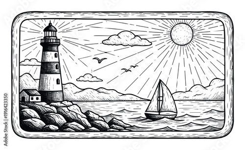 Scenic black and white engraving style artwork depicting a coastal landscape with a towering lighthouse, a lone sailboat gracefully sailing on the ocean, and distant mountains under a