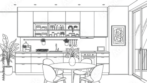 Modern kitchen line drawing with a round table, four chairs, potted plants, wall cabinets, open shelves, and cooking utensils. Calm and organized setting.