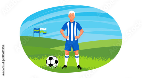 Soccer player in uniform with ball and flags, vector illustration