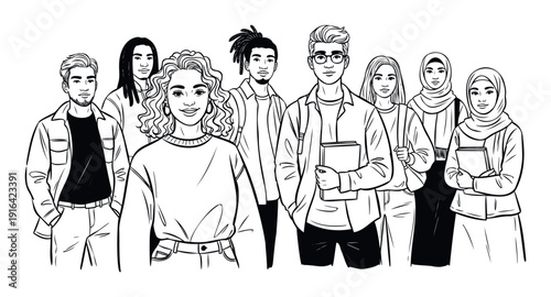 A diverse group of male and female students including Black, Asian, and Arab individuals standing united, representing community, education, and collaboration for various youthoriented