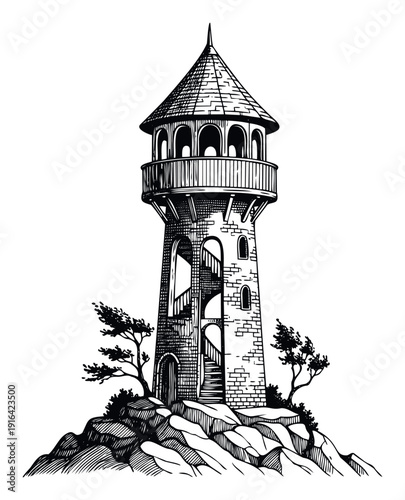 Detailed ink drawing of a classic stone tower with a pointed roof and spiral staircase on a rocky outcrop perfect for storytelling graphics and historical architectural themes