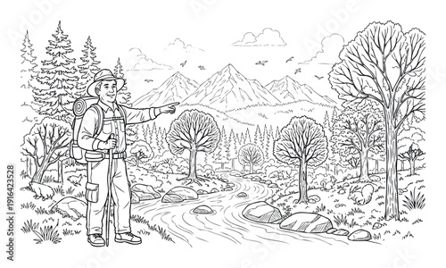 A male adventurer with backpack and trekking pole points towards majestic mountains and a flowing river in a vast forest landscape, ideal for outdoor travel and nature education projects.