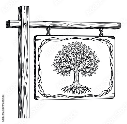 Decorative wooden sign featuring an intricate tree of life symbol, perfect for rustic branding, natureinspired logos, or charming decor in various applications.