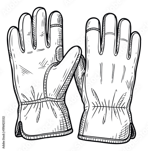 Handdrawn pair of durable work gloves for manual labor and safety equipment graphics or vintage craft supply designs in a detailed sketch style