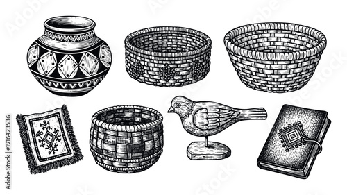 Assortment of traditional ethnic handmade objects including decorative pottery, woven baskets, a patterned rug, a carved wooden bird, and an ornate book ideal for cultural themes.