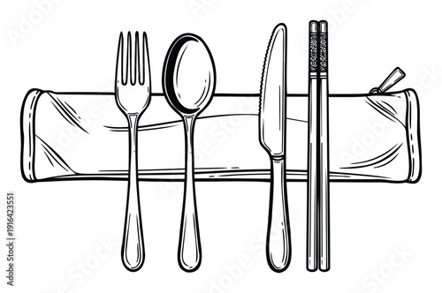 Sustainable reusable cutlery set featuring a fork, spoon, knife, and chopsticks alongside a storage pouch, ideal for promoting ecofriendly dining and zerowaste lifestyles.