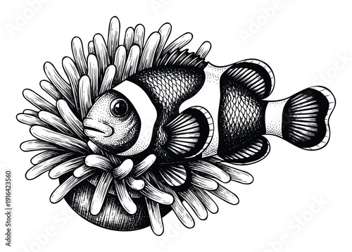 A detailed black and white marine life depiction of a clownfish interacting with its host anemone, perfect for ocean conservation campaigns, educational materials, and natural history