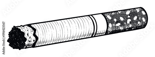 Black and white hand drawn cigarette graphic representing unhealthy habits and addiction, ideal for public health campaigns or vintage themed projects