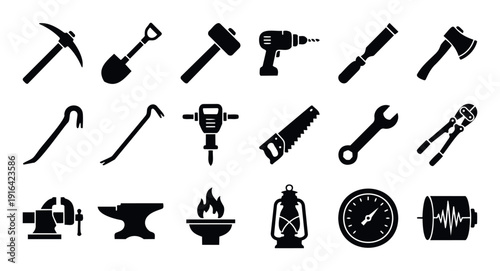 Collection of essential heavyduty construction, mining, and blacksmithing tools displayed as black silhouettes for industrial and laborrelated project applications.