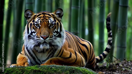 Majestic Tiger Resting in Lush Bamboo Forest - A Wildlife Portrait.