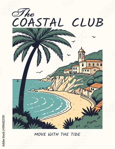 Hand drawn coastal scene with palm trees and gentle waves
