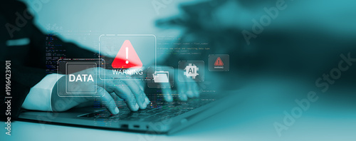 Foto Hands typing on a laptop with digital warning icons and AI symbols, highlighting cybersecurity threats, data breaches, system vulnerability, and information protection technology