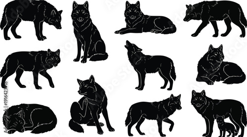 Collection of Black Wolf Silhouettes.