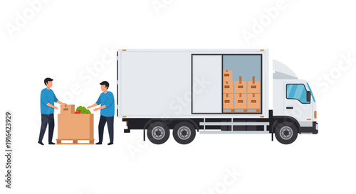 Two delivery men in blue shirts unloading cardboard boxes from a white truck with visible cartons inside, against a plain white background.