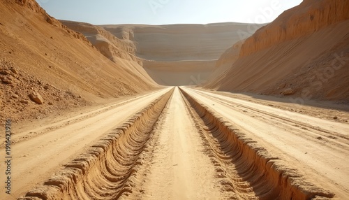 Deep tire tracks form a road through a sand quarry with high sandy walls. Earth moving equipment created this sandy path into the desert landscape. Sunny day outdoors.