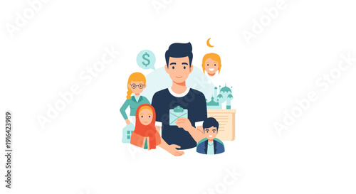 A man sitting with cash in hand surrounded by his family, symbolizing financial security and happiness at home