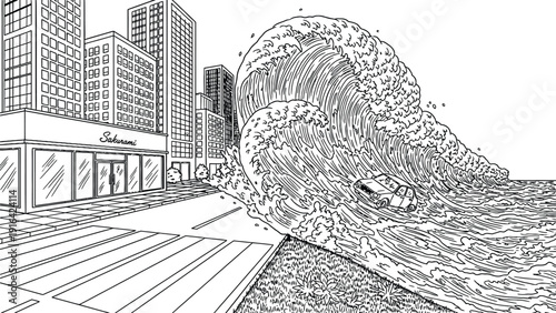 Massive wave engulfs car on city street, surrounded by tall buildings. Scene conveys chaos with buildings reflecting off calm water in contrast.