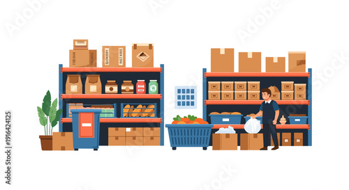 Illustration of a warehouse worker packing boxes on shelves with inventory, shopping cart, and supplies in a well-organized storage facility.