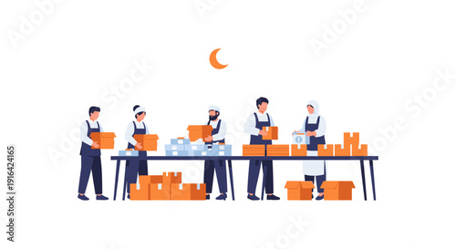 Illustration of four warehouse workers in uniform packing orange boxes on a table at night, with a soft orange moon glow.