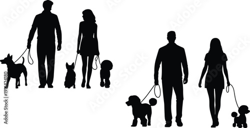 Couple walking dogs silhouettes showing pet care companionship outdoor lifestyle isolated on white background for stock illustration design use