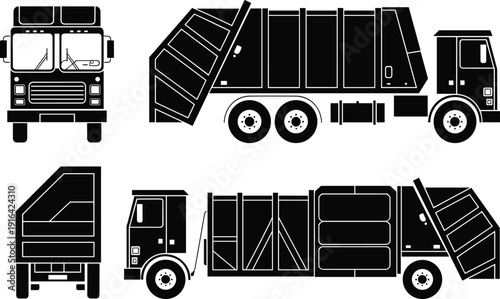 Silhouette illustration of garbage trucks from front, side, and rear views, technical vehicle artwork representing waste management, recycling, sanitation services, logistics, and environmental 