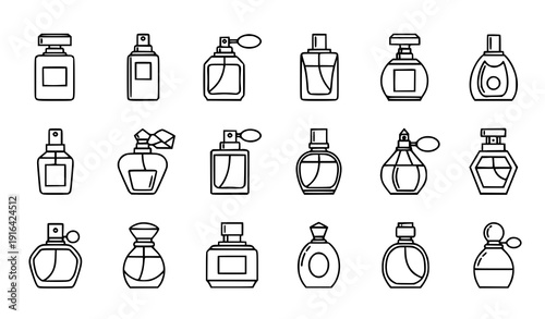 Minimal perfume bottle outline vector icon set