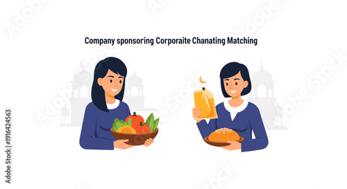 Illustration of a woman holding a basket of fruits and another holding a bottle of champagne and bread, symbolizing company sponsorship for corporate events.