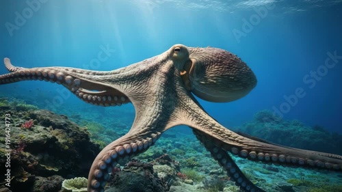 Underwater scene of a common octopus swimming in ocean habitat