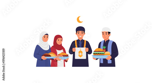 Illustration of a Muslim family sharing food and celebrating together under the crescent moon, symbolizing unity and gratitude.