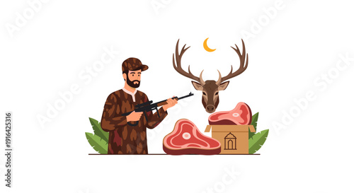 A hunter in camouflage holding a rifle stands beside deer meat and antlers under a crescent moon, symbolizing hunting and wilderness.