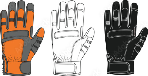 Work gloves vector illustration set showing protective handwear in colored flat design outline line art and black silhouette styles isolated background white