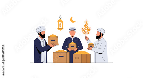 Three bearded Muslim men in traditional attire distributing boxes of food and wheat under the light of a crescent moon.