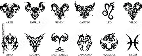 Zodiac signs vector set featuring tribal astrological symbols Aries Taurus Gemini Cancer Leo Virgo Libra Scorpio Sagittarius Capricorn Aquarius Pisces illustration