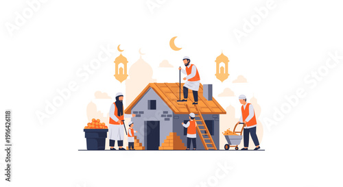 Illustration of construction workers in orange safety vests renovating a house at night under a crescent moon.