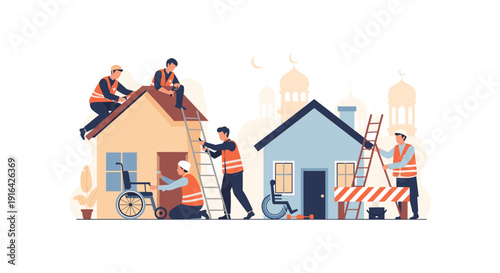 Illustration of construction workers in orange vests working on houses with ladders, tools, and caution tape, symbolizing renovation and maintenance.
