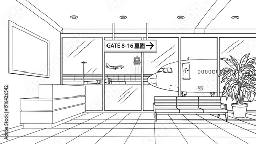 Airport lounge illustration shows seating, a potted plant, and a sign pointing to Gate 8-16. Through windows, a plane approaches the runway.